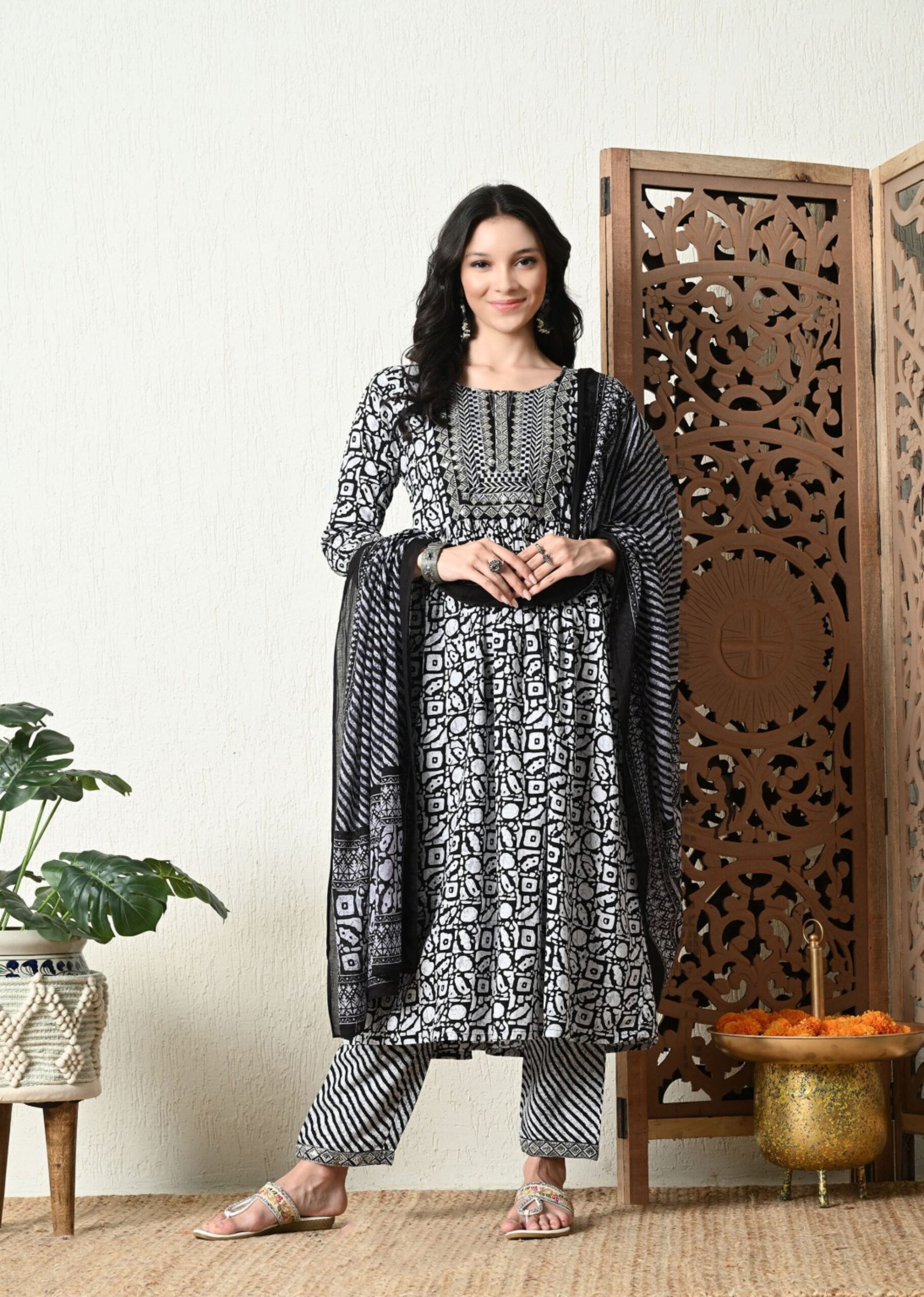 Black Printed Gher Suit Set