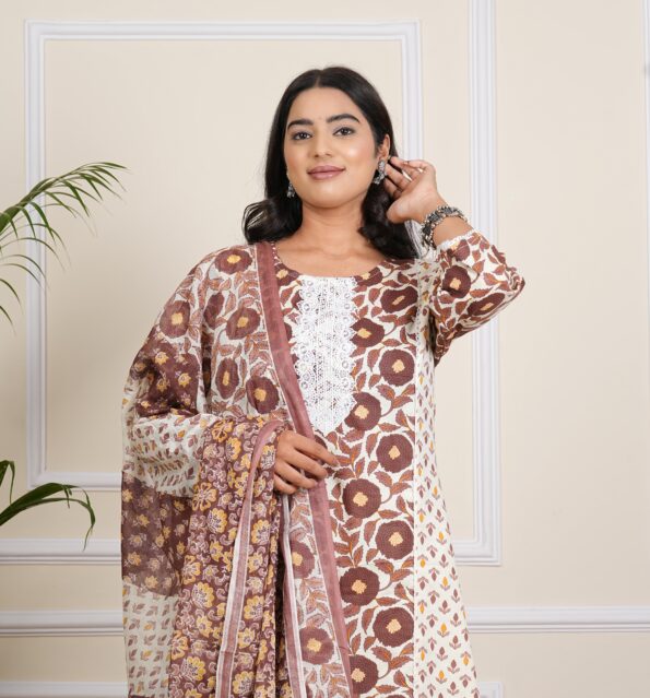 Women Beige Floral Printed Pure Cotton Kurta with Trousers & With Dupatta