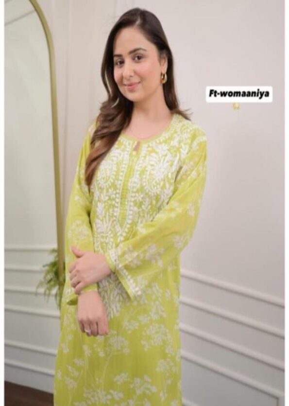 Embroidered Round Neck Chikankari  Lemon Straight Kurta Set