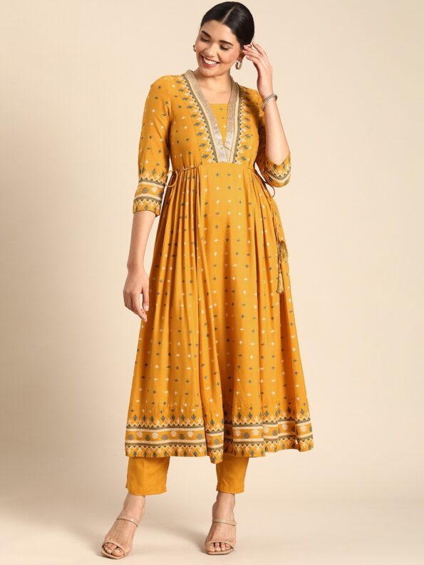 Yellow Lace Motif Anarkali Kameez
