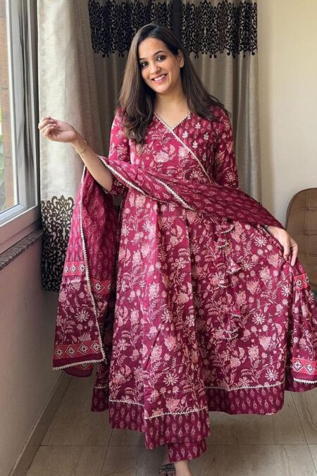 Wine Gher Kurti Set