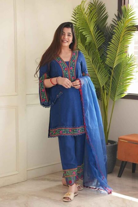 Pure fine reyon salab fabric with Hand wark embroidery Kurti with Pant with cotton Dupatta