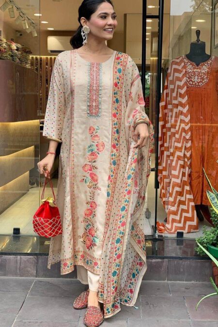 Multicoloured Print Kurti With Silk Pant And Embroidery Dupatta