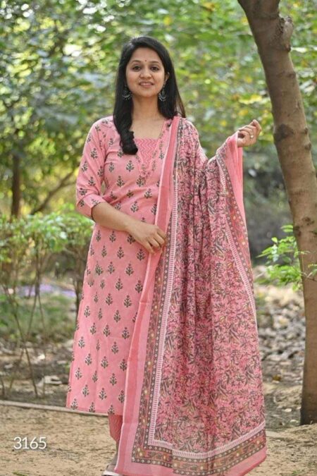 Pink V Neck Printed Kurta Set