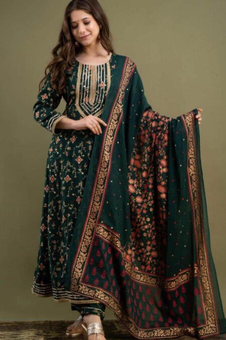 Pure Rayon Printed Gotta Work Anarkali Kurta Palazzo Dupatta Set