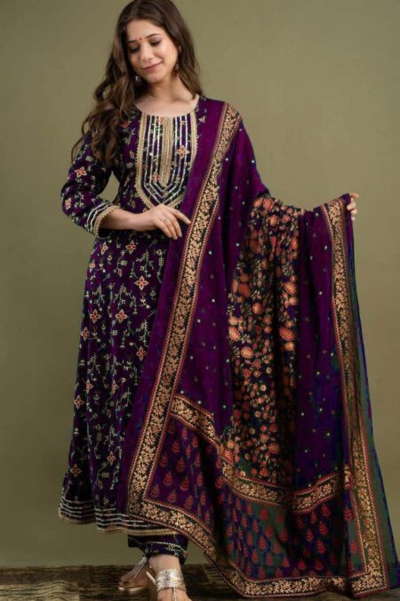 Pure Rayon Printed Gotta Work Anarkali Kurta Palazzo Dupatta Set