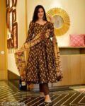 Brown Rayon V-Neck Anarkali Gown With Pant Dupatta Set