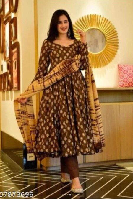 Brown Rayon V-Neck Anarkali Gown With Pant Dupatta Set
