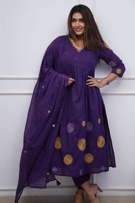 Purple Anarkali Flaired Cotton Suit