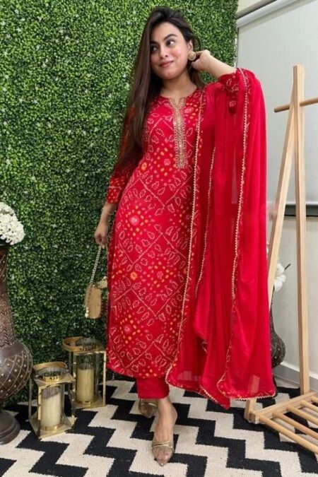 Red Bandhej Print Kurta Set