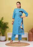 Silk Blue Printed Cotton Kurta Pant