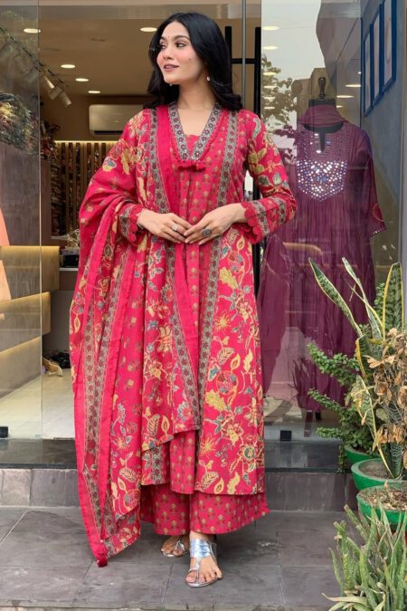 Red Flowers Print Cotton Kurti Set