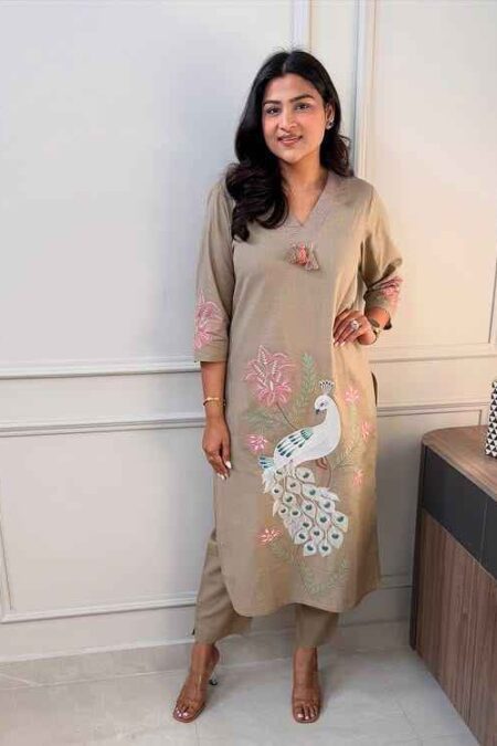 Peacock Embroidery Cotton Kurta Pant