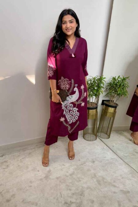 Peacock Embroidery Cotton Kurta Pant
