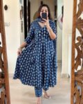 Bluish Cotton Floral Kurti Set