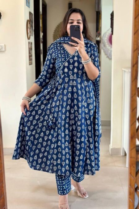 Bluish Cotton Floral Kurti Set