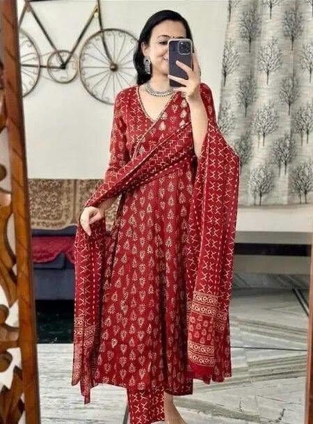 Bluish Cotton Floral Kurti Set