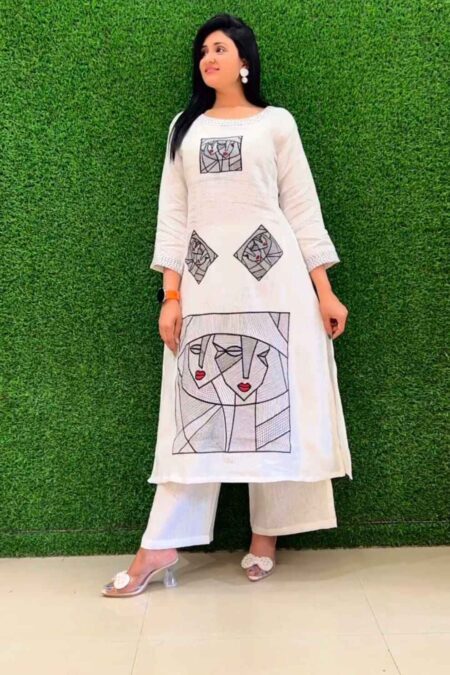 Coding Embroidery Work White Kurta Pant