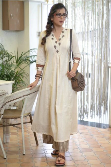 Cotton Flex Off-White Kurta Embroidered Yoke Sleeves With Printed Pant