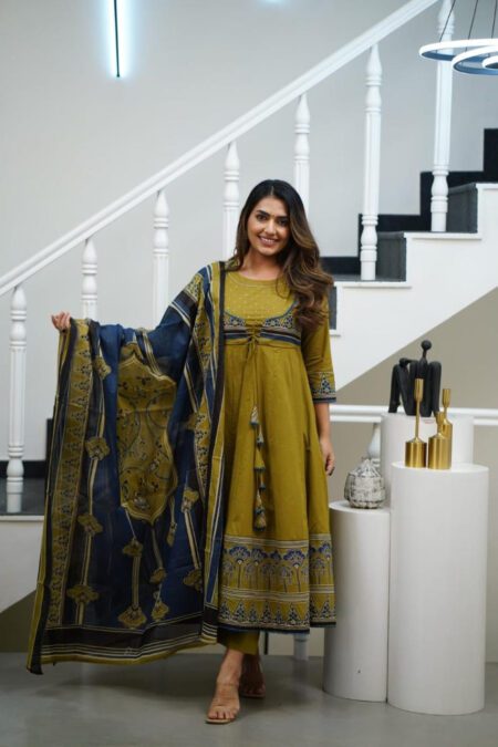 Ajrak Print Anarkali Green Cotton Kurti Set