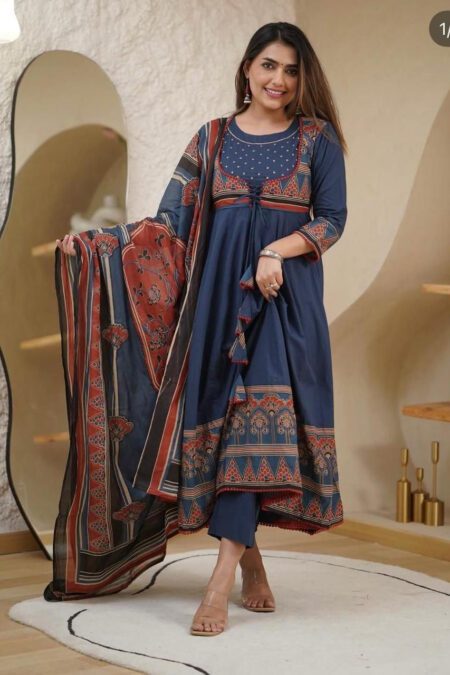 Ajrak Print Anarkali Blueish Cotton Kurti Set