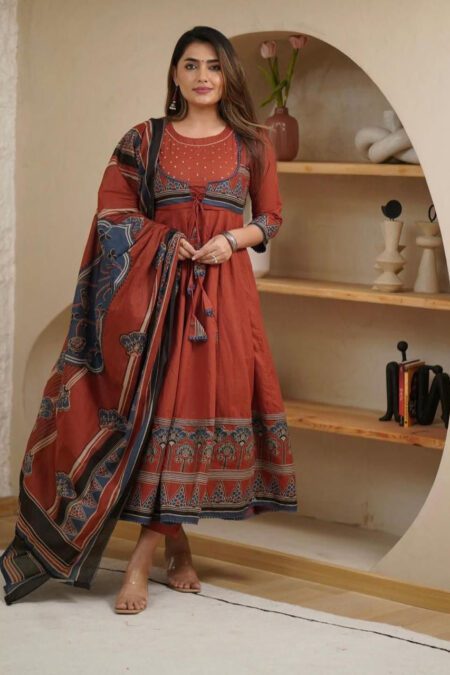 Ajrak Print Anarkali Radish Brown Cotton Kurti Set