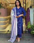 V Neck Beautiful Royal Blue Embroidery Kurta Set