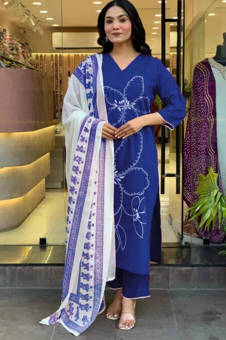 V Neck Beautiful Royal Blue Embroidery Kurta Set