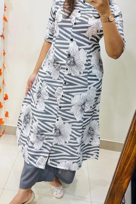 Zigzag With Flower Print Shirt Patten Cotton Kurta