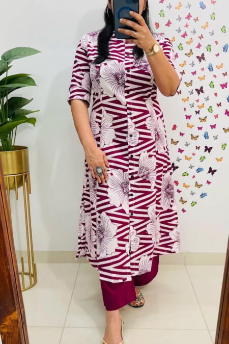 Zigzag With Flower Print Shirt Patten Cotton Kurta