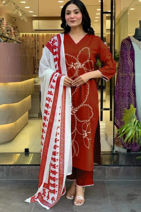 V Neck Beautiful Royal Red Embroidery Kurta Set