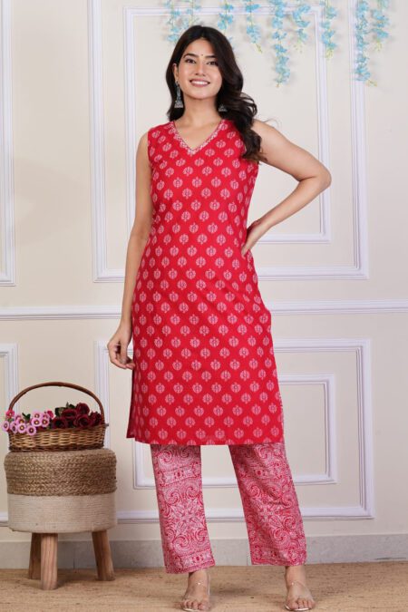 Red Printed  Cotton Kurta Pant
