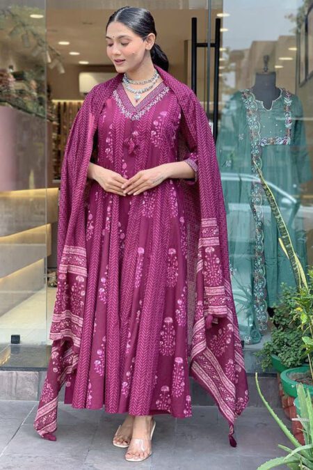 V-Neck Mirror Work Floral Printed Trending Anarkali Mul Cotton Pant