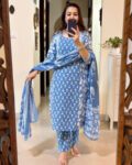 Blue Printed Cotton Kurta Pant