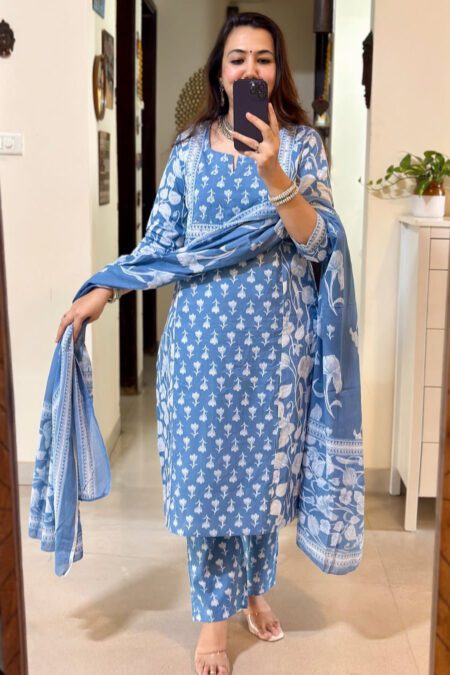 Blue Printed Cotton Kurta Pant