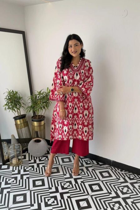 Beautiful Red Aada Sequence Work With Heavy Cotton Kurti Pant
