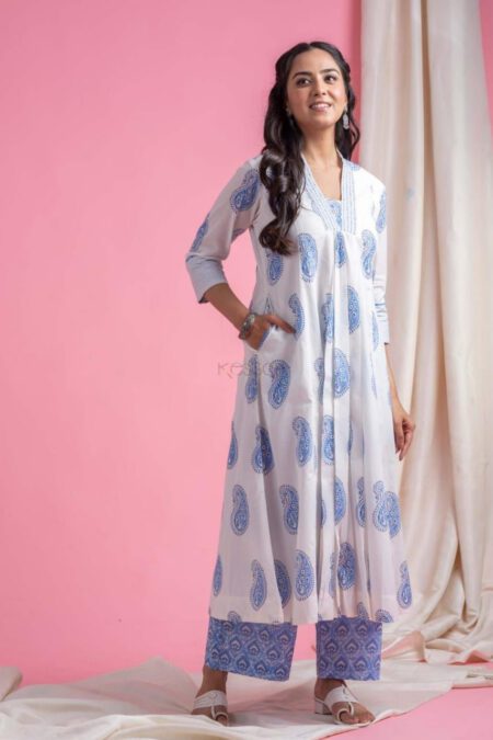 White-Blue Printed Anarkali Cotton Kurta  Pant