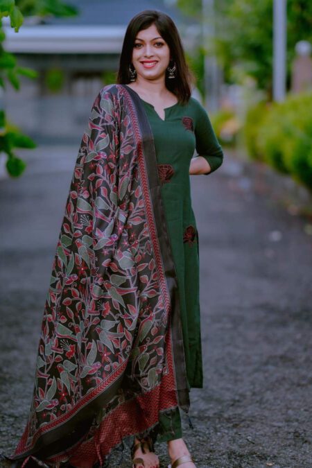 Green Khadi Cotton With Rose Embroidery