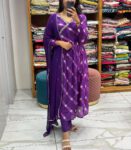 Purple Laharriya Print Anarkali Cotton  Kurta Pant