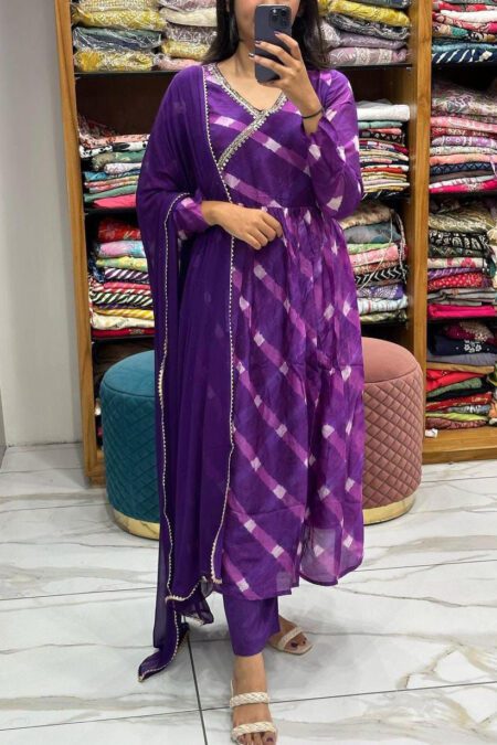 Purple Laharriya Print Anarkali Cotton  Kurta Pant