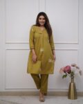 Green With White Embroidery Flower Cotton Kurta Pant