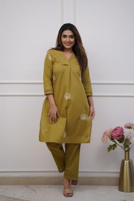 Green With White Embroidery Flower Cotton Kurta Pant