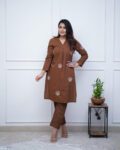 Brown with Embroidery Flower Cotton Kurta Pant