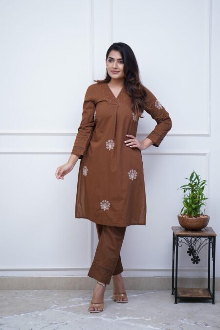 Brown with Embroidery Flower Cotton Kurta Pant