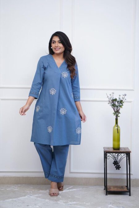 Blue with White Embroidery Flower Cotton Kurta Pant