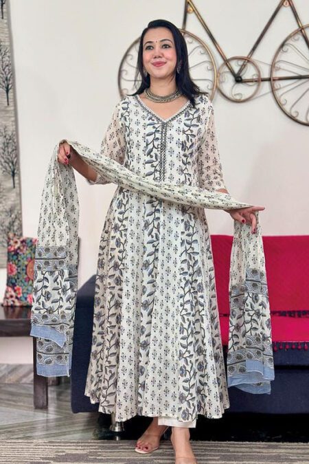 Black White Printed Anarkali Cotton  Pant
