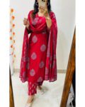 Beautiful Red With Leave Print Cotton Kurti Pant
