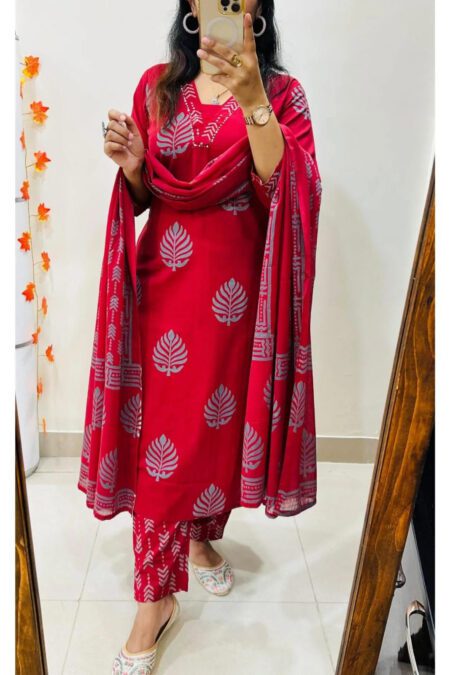 Beautiful Red With Leave Print Cotton Kurti Pant