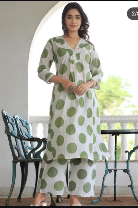 Green Dot Printed Cotton Kurta Pant