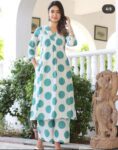 Turquoise Dot Printed Cotton Kurta Pant